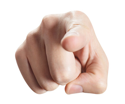 Hand pointing directly at viewer with index finger, isolated on transparent cutout background