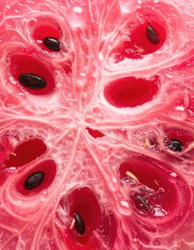Macro shot of a ripe watermelon slice showing its vibrant red flesh and dark seeds.