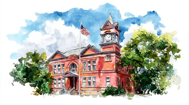 Classic American School Building Watercolor Illustration with Flag on Top, Trees, Blue Sky and White Clouds Isolated on Transparent Background
