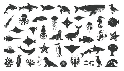Fototapeta premium Large set of ocean animal silhouettes including whale, dolphin, shark, turtle, seahorse, jellyfish, and coral.