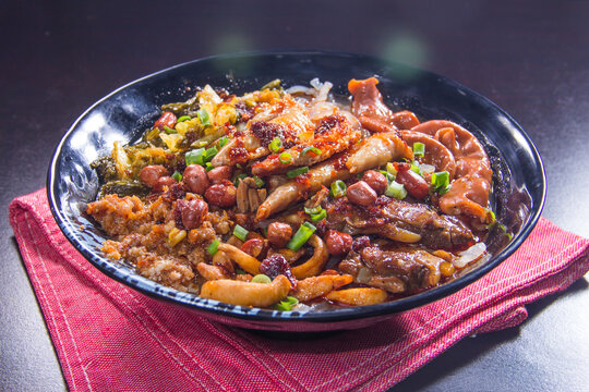 Delicious bowl of food with various ingredients on a table in the evening