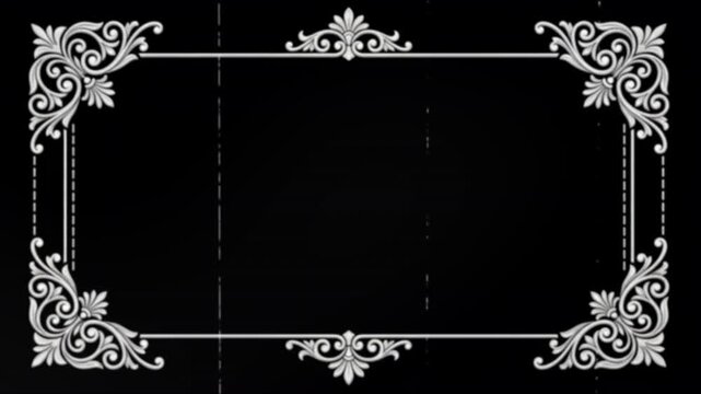 Vintage silent film intertitle frame with retro projector flicker scratches. Ornate Victorian filigree corner vignette and antique baroque borders. Nostalgic 1920s cinema movie title backdrop overlay