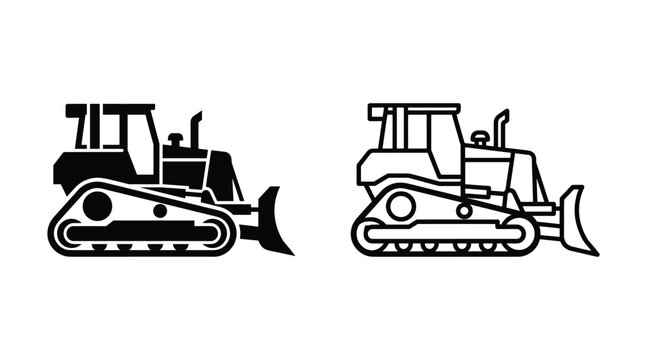 Bulldozer icon set, heavy construction machinery, tracked tractor for earthmoving, vector illustration