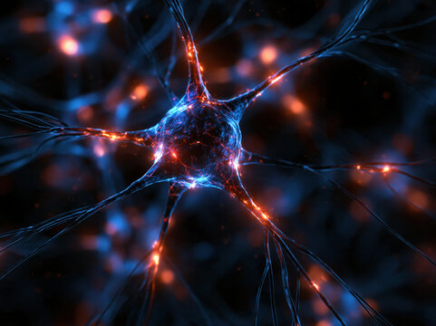 Neural cell with glowing synapse network in dark abstract brain science background