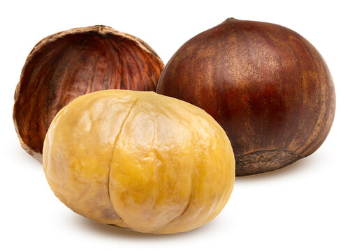 Roasted chestnuts isolated on a white background, with clipping path, Perfect visual for healthy snack marketing, gourmet food recipes, for product packaging design.