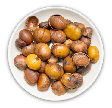 Roasted chestnuts isolated on a white background, with clipping path, Perfect visual for healthy snack marketing, gourmet food recipes, for product packaging design.