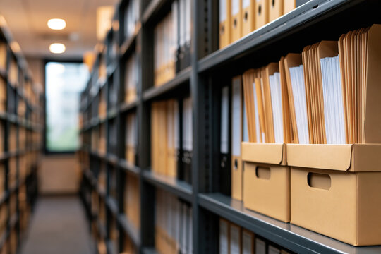 Rows of dark gray metal shelving in archive storage room with cardboard file box and document folder, soft light and narrow aisle