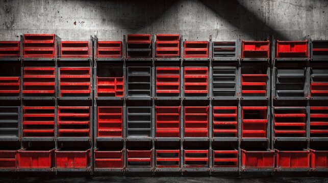 professional workshop wall covered with identical empty modular metal tool drawers, repeating black and red compartments arranged in a precise grid