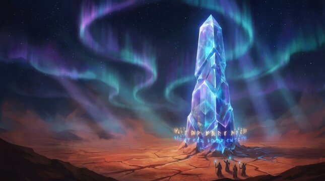 Glowing Crystal Monolith in Desert Under Green Aurora Borealis Night Sky