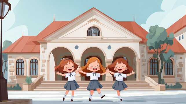 Cheerful Schoolgirls Dancing Together in Front of a Modern School Building, Happy Students Celebrating Education and Friendship in a Bright Outdoor Campus Setting

