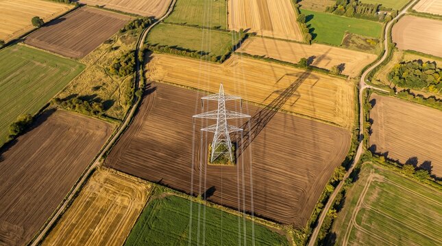 Pylon Top Down Farmland View Of A Single Steel Lattice Tower Casting A Long Afternoon Shadow Across Green And Ploughed Fields