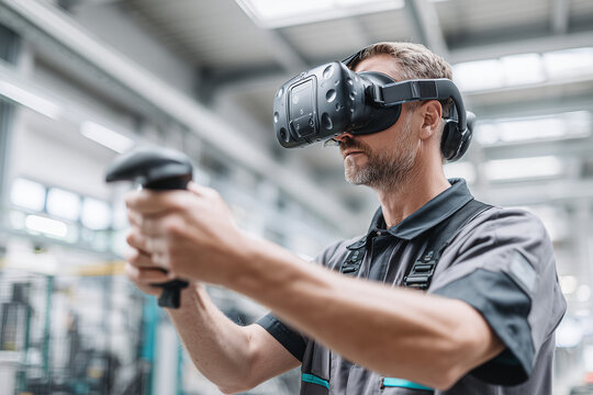 Industrial engineer using augmented reality headset with controller in factory