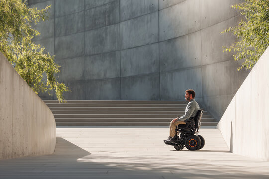 Wheelchair user encountering steep urban staircase accessibility barrier on street