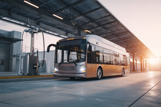 Empty electric public bus charging battery at city depot station