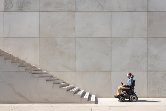 Wheelchair user encountering steep urban staircase accessibility barrier on street