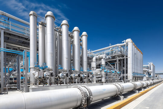 Industrial seawater desalination plant facility pumping clean drinking water supply