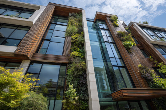 Modern residential building facade covered in lush green vertical gardens