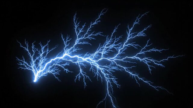 Striking blue lightning flash with intricate branching pattern illuminates a dark sky, symbolizing raw power, electrical energy, and dynamic force
