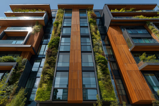 Modern residential building facade covered in lush green vertical gardens