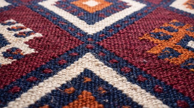 Traditional hand woven kilim rug geometric pattern detail macro close-up textile texture