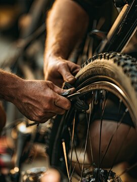 Hands repairing a bicycle inner tube with tire levers and patch kit, DIY bike repair and sustainable transport concept