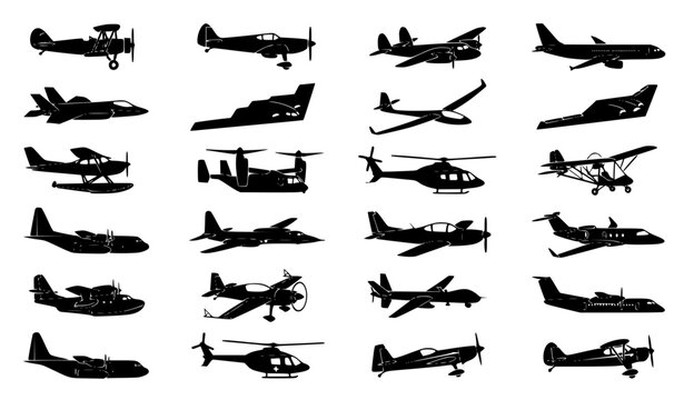 Aircraft Silhouette Vector Icon Set with Biplane Jet Helicopter Seaplane and Fighter Aircraft