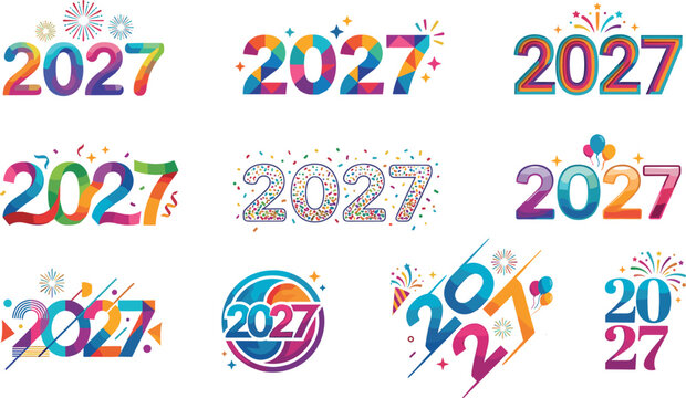 Happy New Year 2027 colorful gradient typography logo and badge set featuring festive party balloons confetti starbursts geometric numbers and seasonal graphic layout vector collection