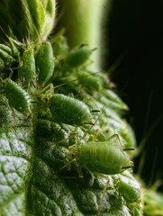 Fototapeta premium Macro close-up of green aphids clustered on a plant leaf, garden pest and plant infestation concept