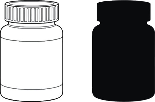 Plastic medicine bottle icon and silhouette set vitamin container pill bottle mockup vector illustration isolated on white background