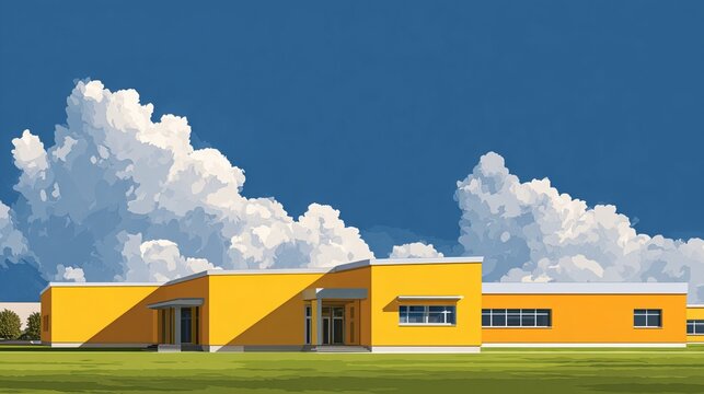 Modern Yellow School Building with Green Grass Under Clear Blue Sky, Bright Educational Campus Exterior, Contemporary Architecture, Clean Facade, Windows, Outdoor Learning Environment and Peaceful Atm