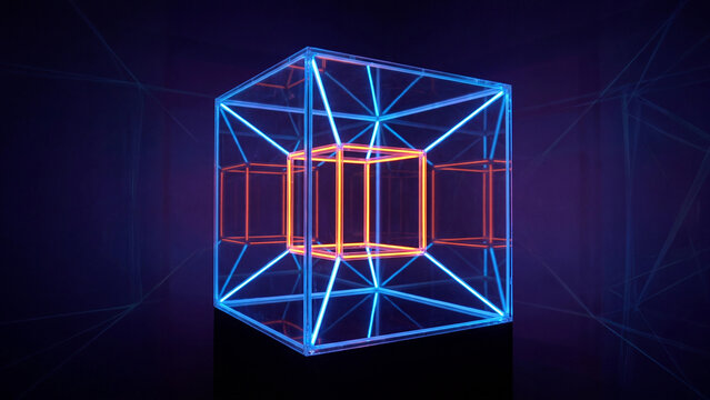 Tesseract projection glows with neon blue and orange lines against a dark background.