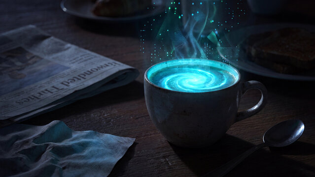 Coffee cup on a wooden table glows with a magical blue swirling vortex and sparkling steam.