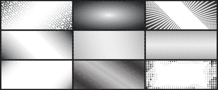 Dotted gradient, smooth dots spraying and halftones dot background seamless horizontal geometric pattern vector template set.