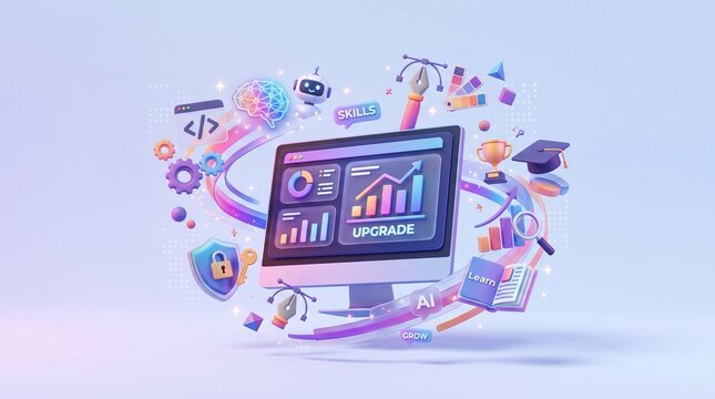 3D Computer Screen with Floating AI Skill Icons and Upgrade Dashboard