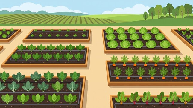 A clean vector illustration displaying a well-organized vegetable plantation with raised garden beds growing fresh crops like cabbage, carrots, and leafy greens.