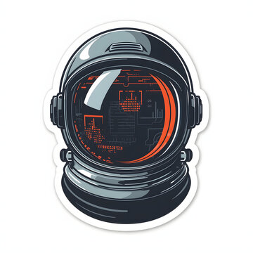 Gritty vector sticker of a retro astronaut helmet reflecting computer screen