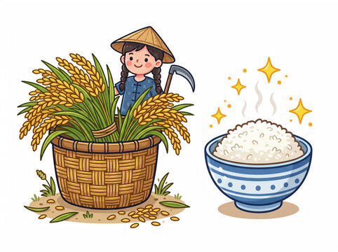 Cute cartoon farmer girl with a basket of golden rice stalks and a bowl of steaming cooked rice