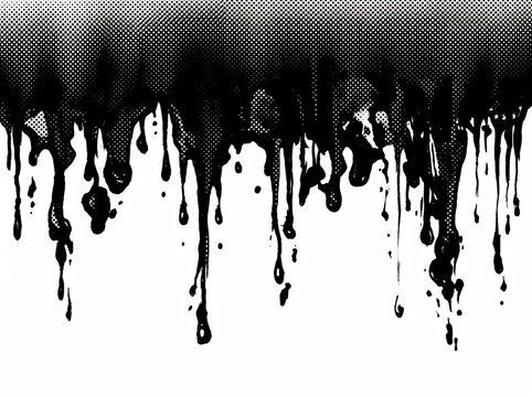 Abstract black ink drip texture with halftone pattern effect isolated on white background