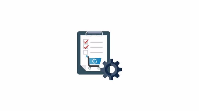 Technical maintenance software, this icon features a shopping cart, clipboards, and checkmarks representing task management. Maintenance symbol.