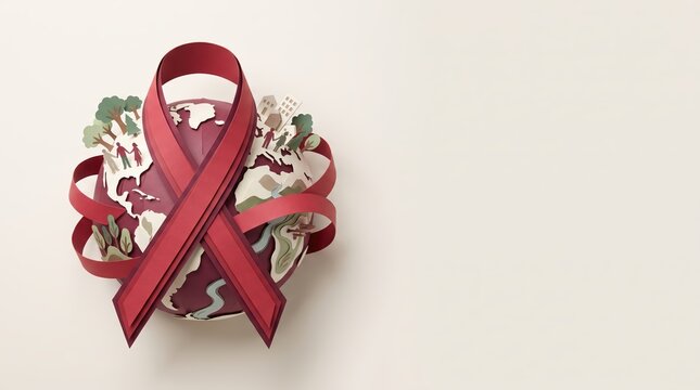Red awareness ribbon on floral fabric