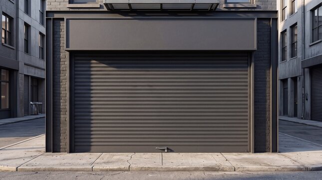 Modern storefront with closed dark metal roller shutter door on a city street.