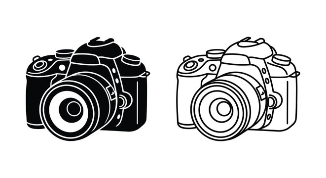 Digital slr camera outline black and white graphic silhouette