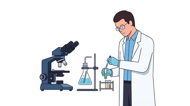 Male scientist using microscope for laboratory research with chemical glassware and test tubes vector illustration for education