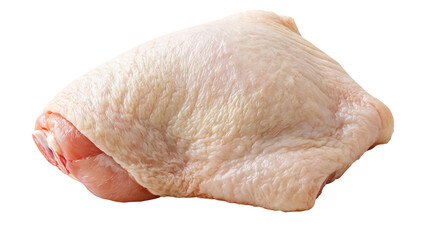 Raw skin-on chicken thigh piece with pink flesh and textured pale skin © Ari