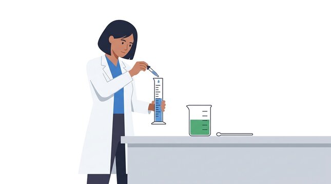 Female scientist in lab coat using pipette to measure liquid in cylinder in flat vector style
