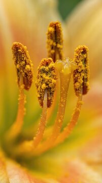 Extreme Macro of Yellow Orange Flower Anthers Covered with Pollen Grains