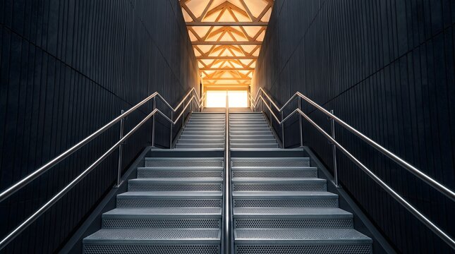 Metal perforated staircase leading upwards towards a bright light and wooden ceiling structure for career progression, success, and business growth concept
