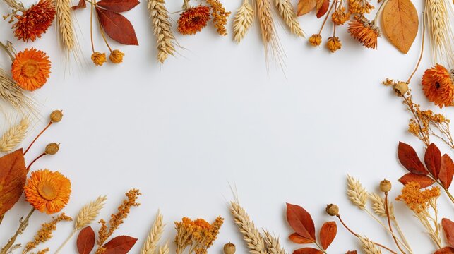 The Autumn Dried Flower Border Frame with Wheat and Leaves