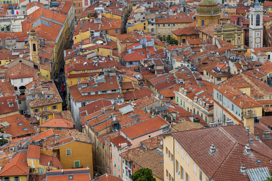 Nice, France, panoramic view of the historic city. Rooftops of the historic city.