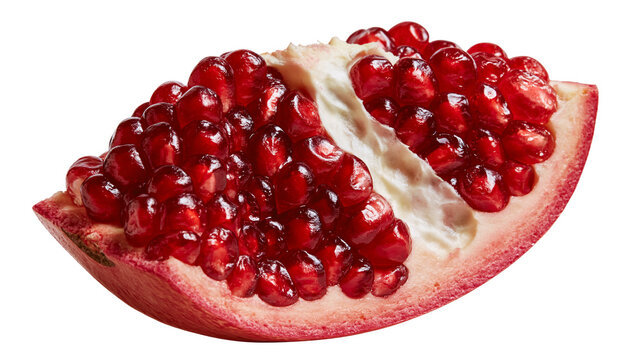 Fresh ripe pomegranate fruit wedge with juicy red arils and white membrane